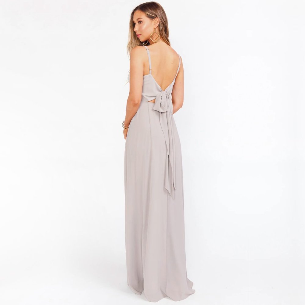 Show Me Your Mumu Lauren Tie Back Dove Grey Chiffon Bridesmaid Maxi Dress - Picture 8 of 16